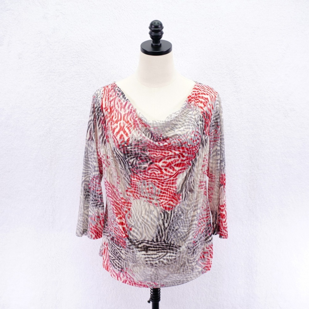 Hearts Of Palm Petite -PL- ‎ White Red Blouse Top Rhinestone 3/4 Sleeve